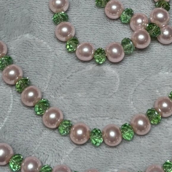 Hand Crafted Two Layers Pink And Green Crystal Bead Necklace, Bracelets, Earring - Picture 2 of 2